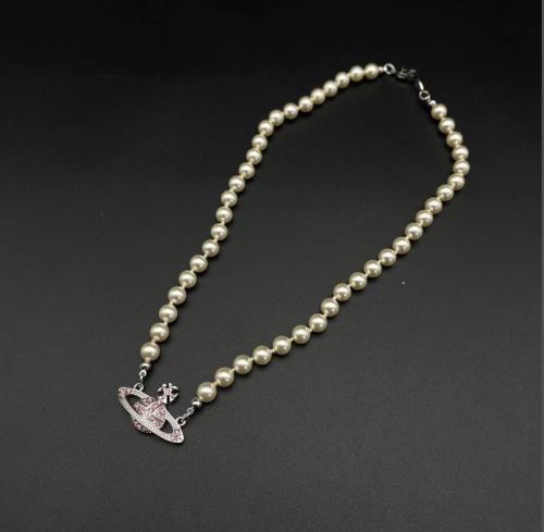 Pink diamond pearl Saturn necklace