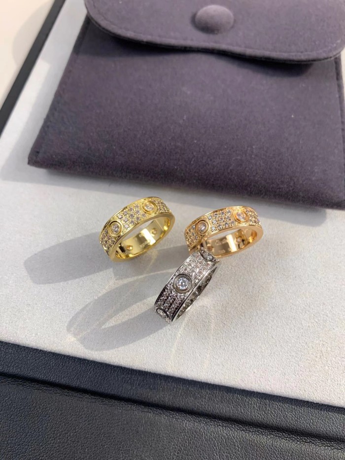 6.5mm tricolor V gold three row full diamond ring