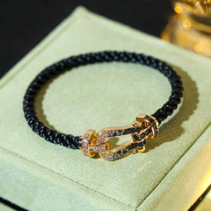 Large logo black nylon rope full diamond bracelet