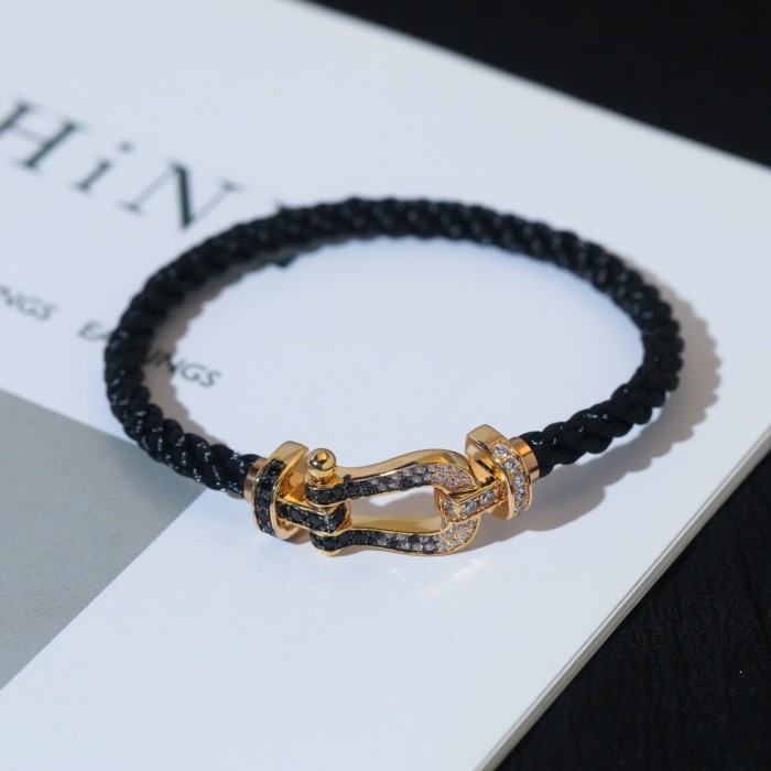 Large logo black nylon rope full diamond bracelet