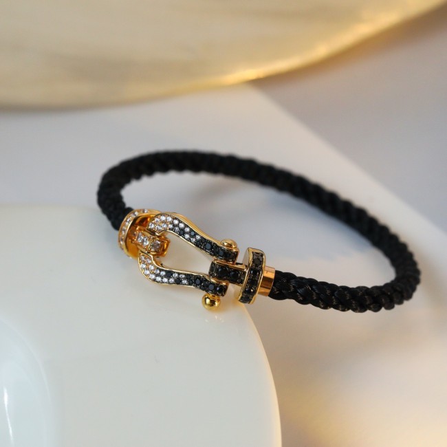 Large logo black nylon rope full diamond bracelet