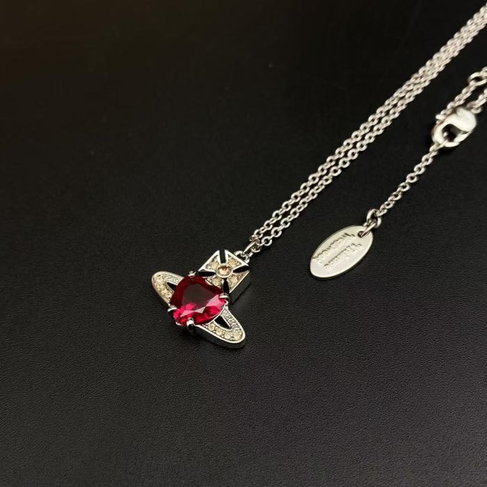 Silver Red/White Heart Saturn Necklace
