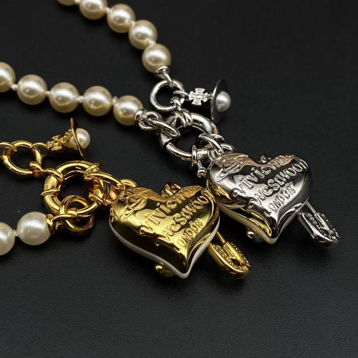 Love pin, pearl necklace, gold/silver